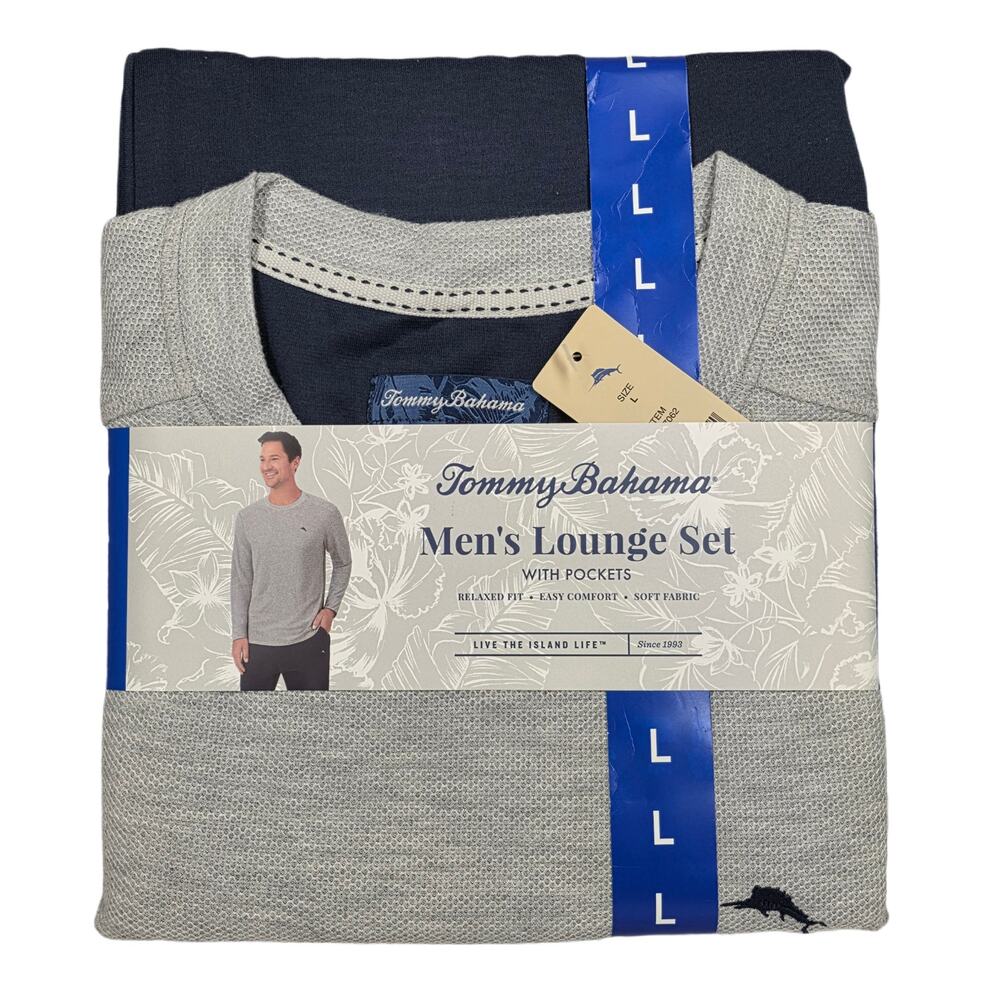 TOMMY BAHAMA MEN’S LOUNGE SET – SIZE L – GRAY/BLUE – LONG SLEEVE & PANTS